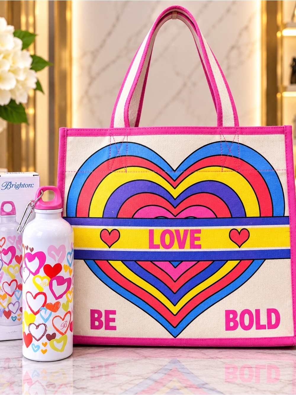 Brighton Pink 'Love Be Bold' Heart Tote Bag and water can
